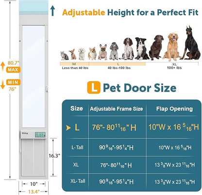 Automatic Sliding Glass Dog Door with Collar Sensor,Large Electric Doggy Door for Sliding Glass Door, Adjustable 76" to 80-11/16" Slider Height,Custom Scheduling & Anti-Pinch,Fit Dog Up to 100 Lbs (L)
