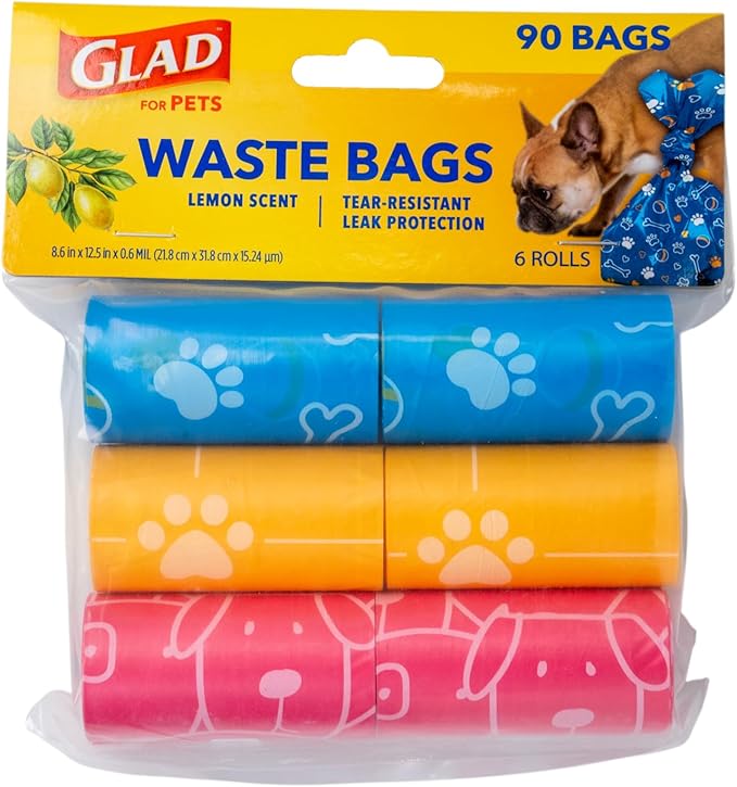 Glad for Pets Scented Waste Bags, Tear Resistant Pet Poop Pick-up Bags with Leak Protection, Lemon Scent, Multicolor Designs, 6 rolls, 90 bags total