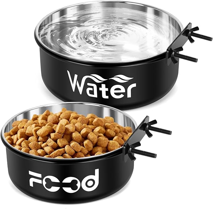 Crate Water Bowl No Spill for Large Dogs, Removable Stainless Steel Dog Bowls for Food and Water, Dog Kennel Hanging Wet and Dry Food Feeder for Medium/Large Pets, (7.1"x2.6" & 6.3"*2.6", Black)