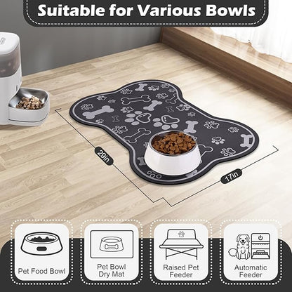 Voanos Dog Cat Food Mat,Rapid AbsorbentPet Feeding Mat, Bone Shaped Dog Placemat Water Bowl Mat with Rubber Backing,No Stains Dog Cat Food Mats Indoor, Pet Accessories Supplies 17""×29"" Dark Grey