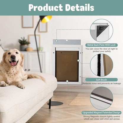 Durable Aluminum Doggy Door - Medium, White, Easy to Install for Middle Dogs & Pets (Adjustable Thickness, M)