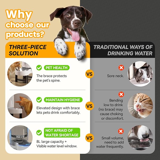 CZPET Elevated Dog Water Bowl Dispenser for Large Dogs,8L Tall Raised Pet Waterer Stand,Relieve Neck Pressure,Large Capacity and Drinking Area Noise-Free for Pets (8L+Stand,White)