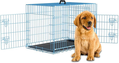 Dog Crate 36" Metal Wire Dog Cage Double Door Folding Dog Kennel with Divider Panel, Leak-Proof Plastic Pan, Foldable Travel Pet Crate for Small Medium Breed Dogs Animals,Blue