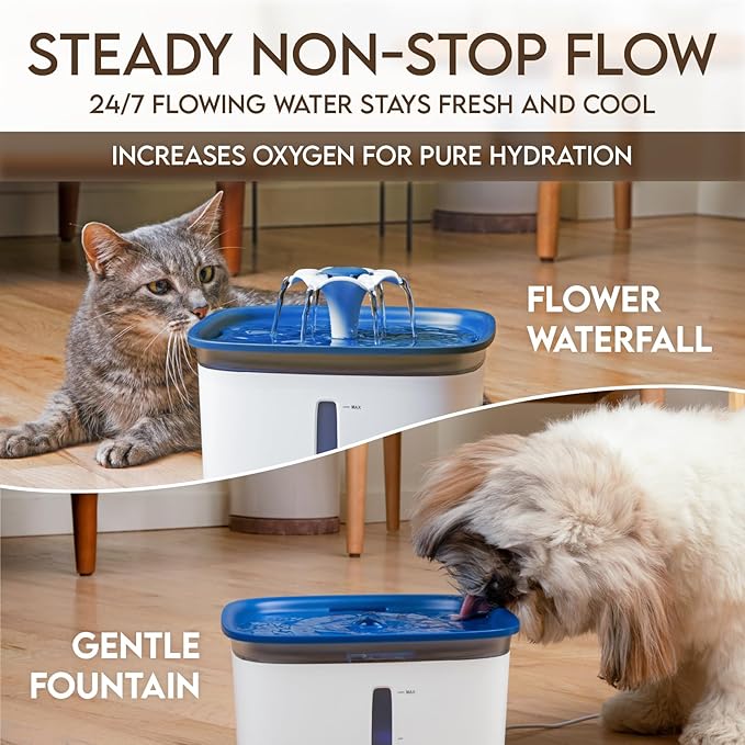 Veken Innovation Award Winner 95oz/2.8L Pet Fountain, Automatic Cat Water Fountain Dog Water Dispenser with 6 Replacement Filters & Silicone Mat for Cats, Dogs (Blue, Plastic)
