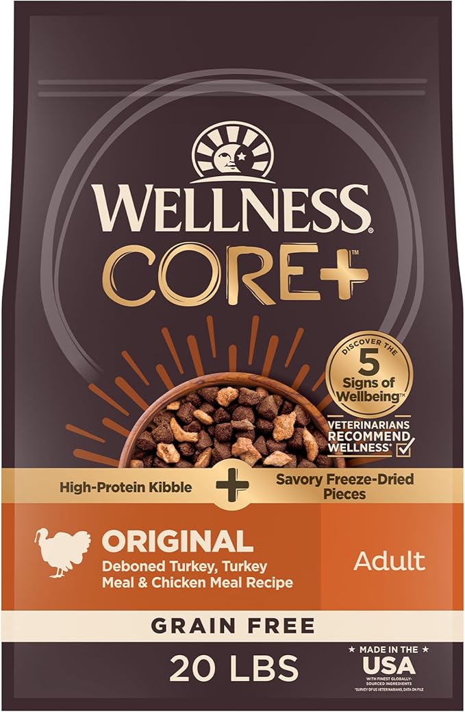 Wellness CORE+ Adult Dry Dog Food with Freeze Dried Pieces, Grain Free Kibble+, Natural, High Protein, Turkey and Chicken Recipe, 20 lb Bag