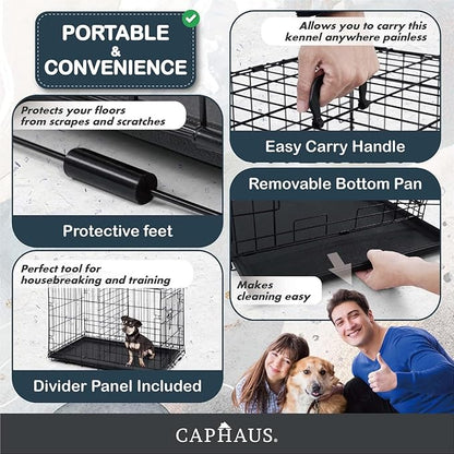 CAPHAUS Foldable Dog Crate Kennel w/Leak-Proof Pan & Divider Panel, Metal Crate, Small, Medium & Large Dog Crate Indoor Wire Cage, 42' w/Double Doors, Black