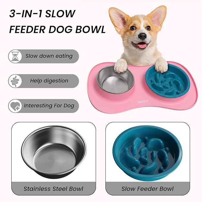 YINEYA Slow Feeder Dog Bowls Stainless Steel Food and Water Bowl Set 3 in 1 No Spill Waterproof Silicone Pet Food Mat Puppy Feeding Station for Large Medium Small Breed Non Slip Metal Dish Tray