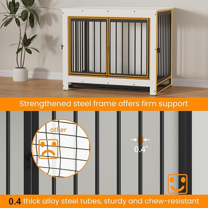 Derfullo Dog Crate Furniture, 38 Inch Indoor Dog Kennel for Medium Dogs Up to 50 LBS, Heavy Duty Wooden Pet Cage End Table with 3 Doors, Alloy Steel Frame & Removable Tray