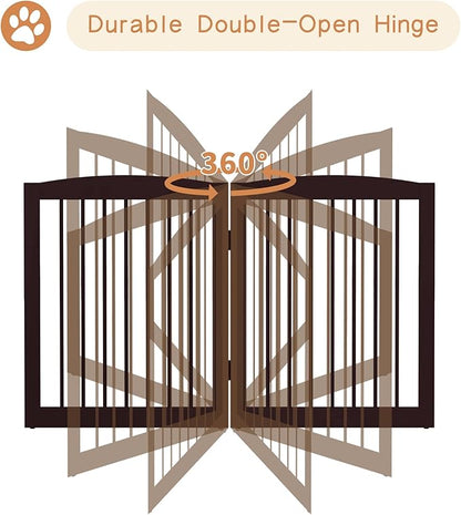 PUPETPO Freestanding Pet Gate for Dogs, Foldable Wooden Dog Gate for House, Indoor Pet Barrier for Stairs, Doorways, Support Feet Included, 24" Height 2 Panels, Brown