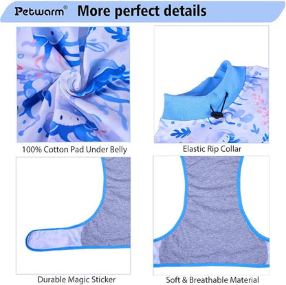 PetWarm Pet Recovery Suit for Female Dogs, Dog Surgery Suit, Cone of Shame Alternatives Bodysuit for Abdominal Affected Areas Sensitive Skin Areas, Dog Bodysuit, Marine Animal Patterns, Blue, XL