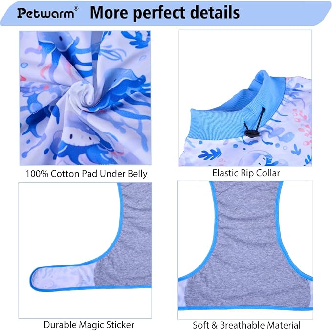 PetWarm Dog Surgery Suit, Cone of Shame Alternatives Bodysuit for Abdominal Affected Areas Sensitive Skin Areas, Anti-Licking Dog Soft, Onesies for Dogs, Marine Animal Patterns, Blue, M