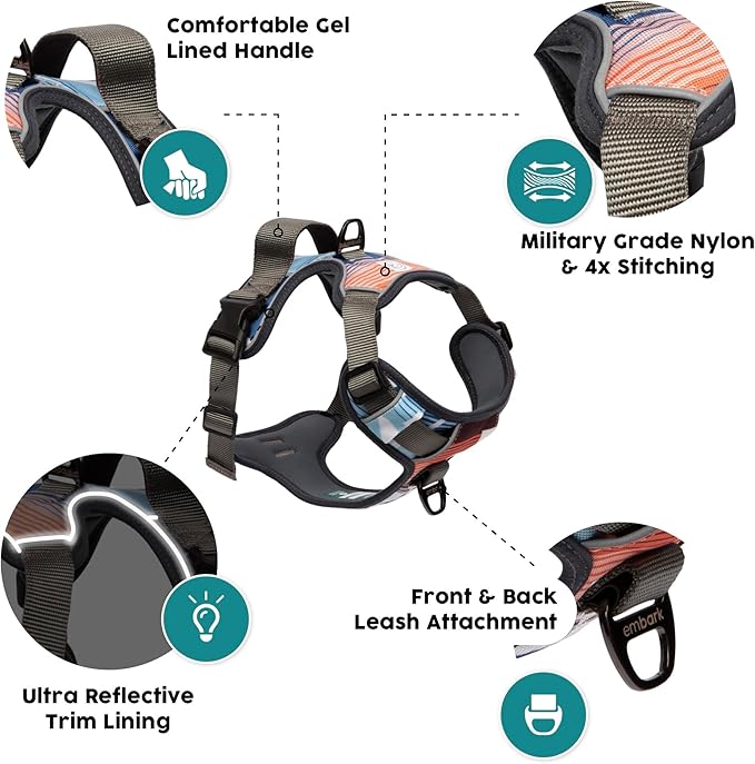 Embark Adventure Medium Dog Harness – No-Pull, Reflective Trim, Military-Grade Nylon, Front Clip with Gel-Lined Handle