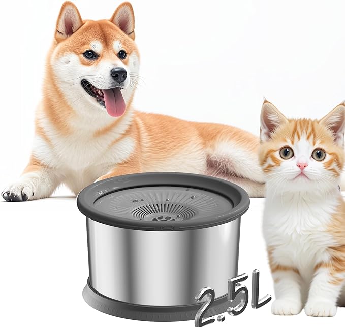 2.5L Dog Water Bowl 101oz Stainless Steel Water Bowls for Dogs No Splash Pet Water Dispenser with Non-Slip Base for Dogs and Cats 2.5L+2 Filters