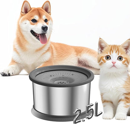 2.5L Dog Water Bowl 101oz Stainless Steel Water Bowls for Dogs No Splash Pet Water Dispenser with Non-Slip Base for Dogs and Cats 2.5L+2 Filters
