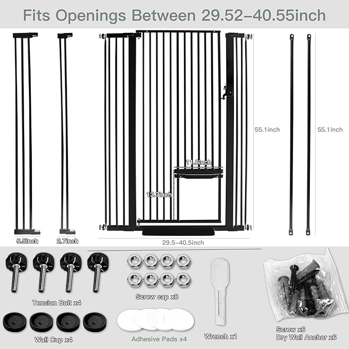 SHYUJAJIE 55 Inch Extra Tall Pet Gate with Small Cat Door, 29.55"-40.55" Adjustable Wide Dog Gate, Tall Cats Gates for Doorway, Stairs, House(Black)