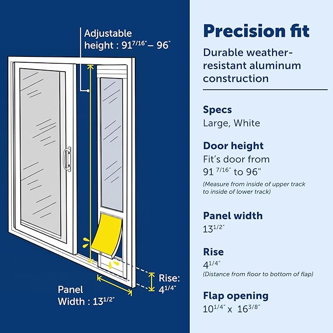 PetSafe Sliding Glass Pet Door - No-Cut DIY Install Doggy Door for Renters - Aluminum Frame - Adjustable Height 91 7/16" to 96" - Ideal for Large Dogs Up to 100 lb - White