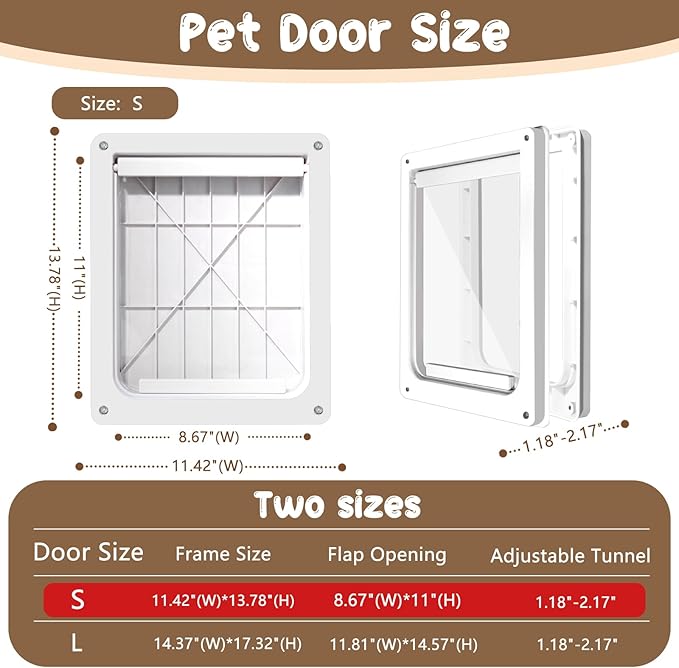 Never Rust Plastic Dog Door with Soft Clear Magnetic Flap and Snap-in Closing Panel, 12x14'' 2-Way Locking Pet Door for Doors and Walls up to 2.17'' Thick, Weatherproof Cat Door, Easy to Install (S)