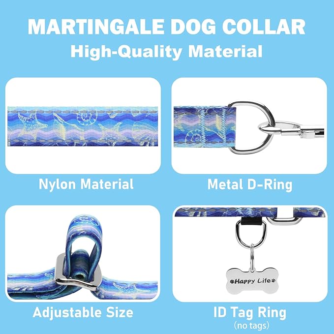 Reflective Martingale Collar for Dogs Nylon Training Collar with No Buckle, No Pull Adjustable Dog Collar for Medium Dogs（Blue Starfish，M）