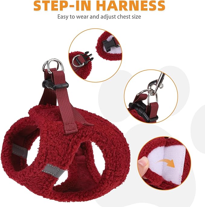 KOOLTAIL Christmas Plush Small Dog Harness and Leash Set, Warm Fleece No Pull Puppy Vest for Winter, Lightweight Reflective Step in Pet Harness for Medium Sized Dogs Boy Girl Outdoor Walking, Red S