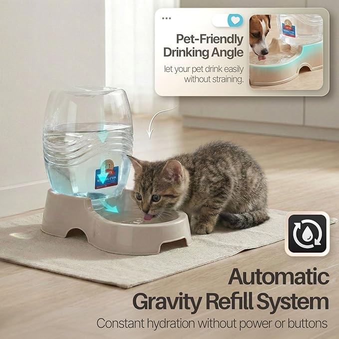 Flexzion Automatic Gravity Pet Waterer for Cat & Dog - Non-Skid & Easy-Clean Auto Replenish Water Dispenser Drinking Bowl (1/4 Gallon/ 900ml), Beige