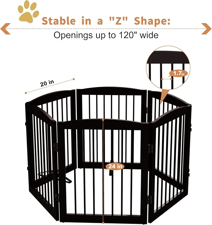 PUPETPO Freestanding Pet Gate for Dogs, Foldable Wooden Dog Gate for House, Extra Wide Indoor Pet Barrier for Stair, Doorway, Hall, Support Feet Included, 120 Inch Wide, 6 Panels 24", Brown