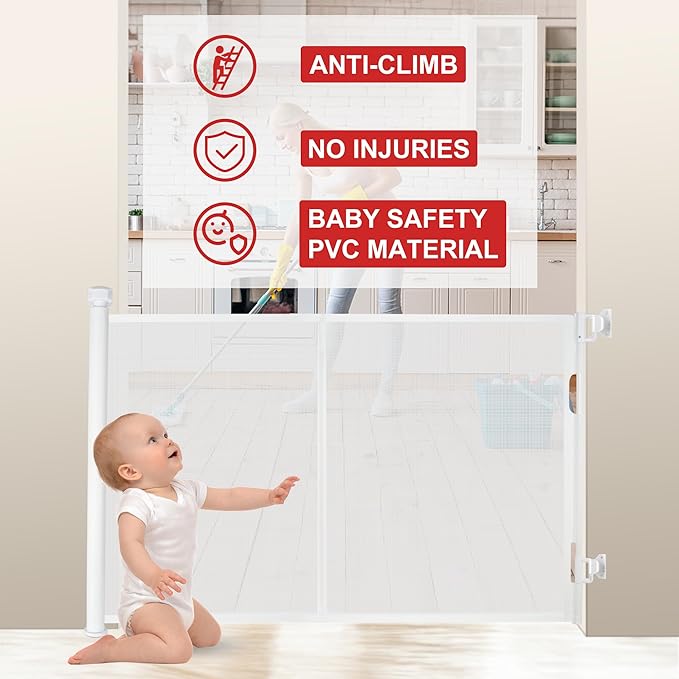 120 inches Extra Wide Baby Gate, 34 inches Tall Retractable Pet Gate for Large Openings, Hallways, Room Dividers, Mesh Safety Barrier for Indoor Outdoor Use, White