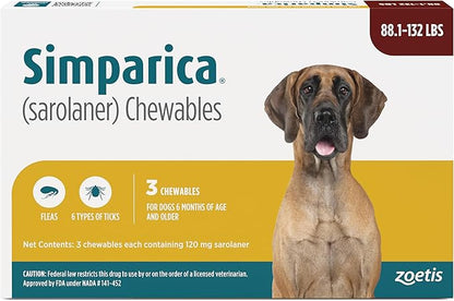 Simparica (sarolaner) Chewables for Dogs, 120 mg/tab, 88.1-132 lbs (Brown), 3 Tablets