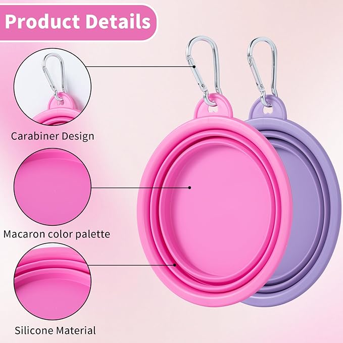 SLSON Collapsible Dog Bowl, 2Pack Macaron Color Pet Travel Bowls Silicone Foldable Water Feeder Dish for Small to Large Dogs Cat Walking Hiking Camping (Macaron Rose and Violet, Small)