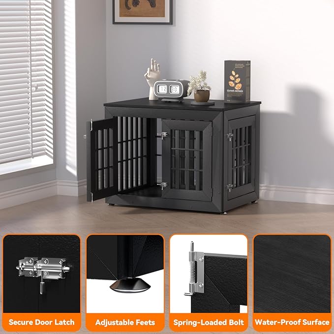 Snuowu 32" Heavy Duty Dog Crate Furniture for Small,Medium and Large Dogs,Rustic Wooden Dog Cage Kennel Indoor Furniture with Waterproof Top,Decorative Pet House Side End Table (Black)