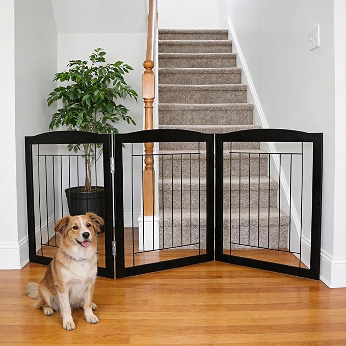 ZJSF Freestanding Foldable Dog Gate for House Extra Wide Wooden Black Indoor Puppy Gate Stairs Doorways Pet Gate Tall Dog Fence 3 Panels Fence