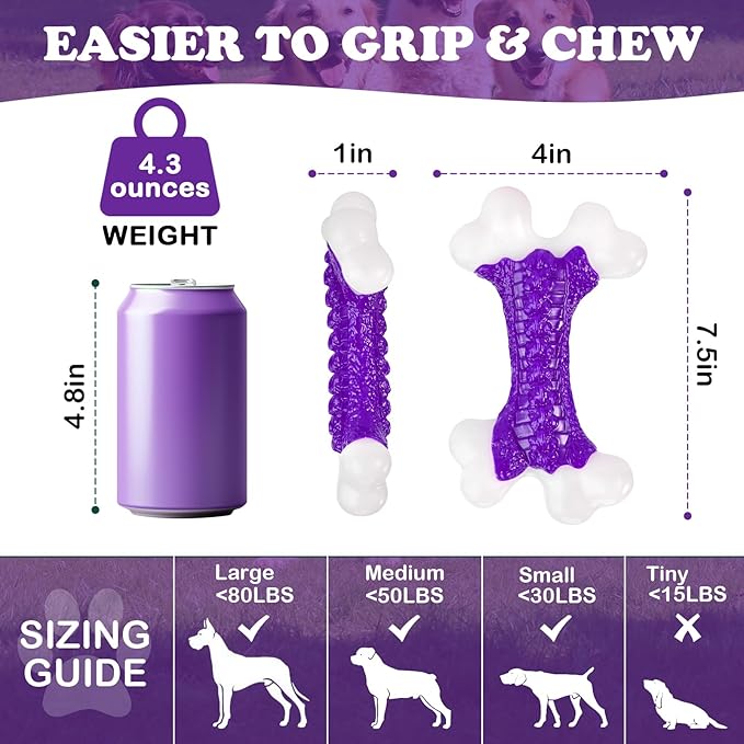 Kseroo 2-Pack Indestructible Dog Toys for Aggressive Chewers: Bacon Flavored Hard Nylon Bone Chew Toys, Tough Dog Chew Toys for Large Dogs, Dog Toys to Keep Them Busy for Medium Large Breed, Purple