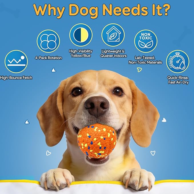 Kimee Dog Balls, Indestructible Tennis Balls for Aggressive Chewers, ETPU High-Bounce Floating Fetch Toys for Small & Medium Large Puppies, 4 Pack 2.75''