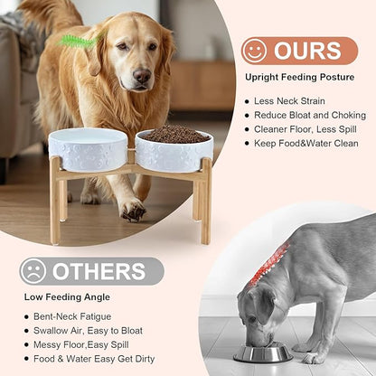 SPUNKYJUNKY Elevated Dog Bowls Ceramic, 8.3'' Dogs Food Water Bowls Raised with Non-Slip Bamboo Stand for Large Sized Breed Microwave Dishwasher Safe - 60 OZ,Skull White
