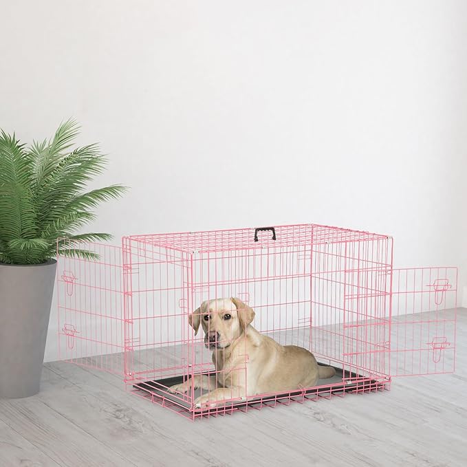 Dog Crate, Wire Kennel with Divider Panel, Metal Cages with Double Door, Leak-Proof Pan Tray, Folding Portable Pet Dog Cage for Indoor Outdoor Travel (Pink, 48")