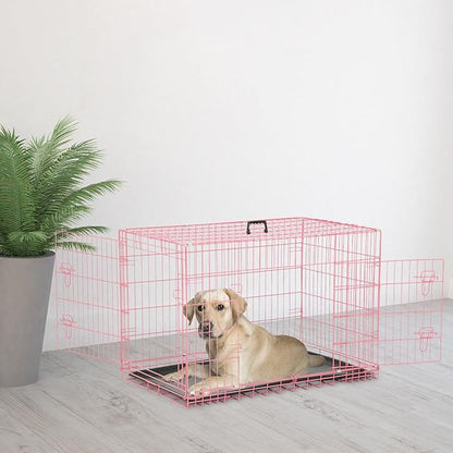 Dog Crate, Wire Kennel with Divider Panel, Metal Cages with Double Door, Leak-Proof Pan Tray, Folding Portable Pet Dog Cage for Indoor Outdoor Travel (Pink, 48")