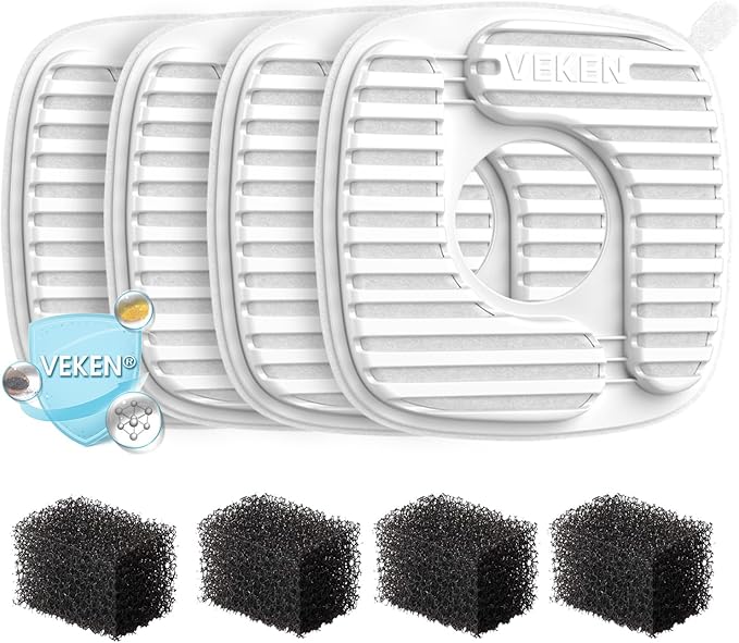 Veken PP Housing Cat Water Fountain Filters, 4 Pack Replacement Filters & 4 Pack Replacement Pre-Filter Sponges Set for 50oz, 84oz, 95oz or 108oz Automatic Pet Fountain Dog Water Dispenser