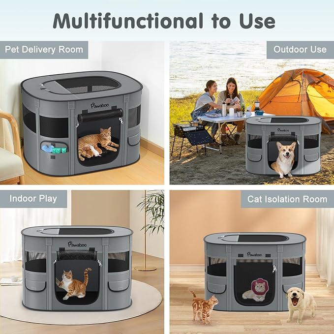 Dog Playpen, Portable Pet Cat PlayPen, 600D Oxford Dog Kennel Tent Crate, Waterproof&Breathable, Indoor Outdoor Travel Camping for Medium/Large Breed with Carrying Case+Bowl(L), Charcoal Gray
