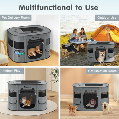 Dog Playpen, Portable Pet Cat PlayPen, 600D Oxford Dog Kennel Tent Crate, Waterproof&Breathable, Indoor Outdoor Travel Camping for Medium/Large Breed with Carrying Case+Bowl(L), Charcoal Gray