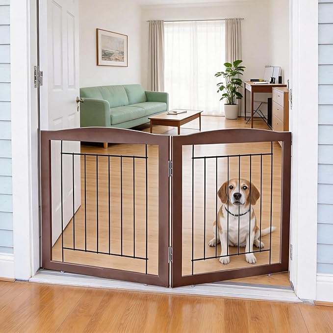 ZJSF Freestanding Foldable Dog Gate for House Extra Wide Wooden Indoor Puppy Gate Stairs Doorways Pet Gate Tall Dog Fence 2 Panels Fence Brown