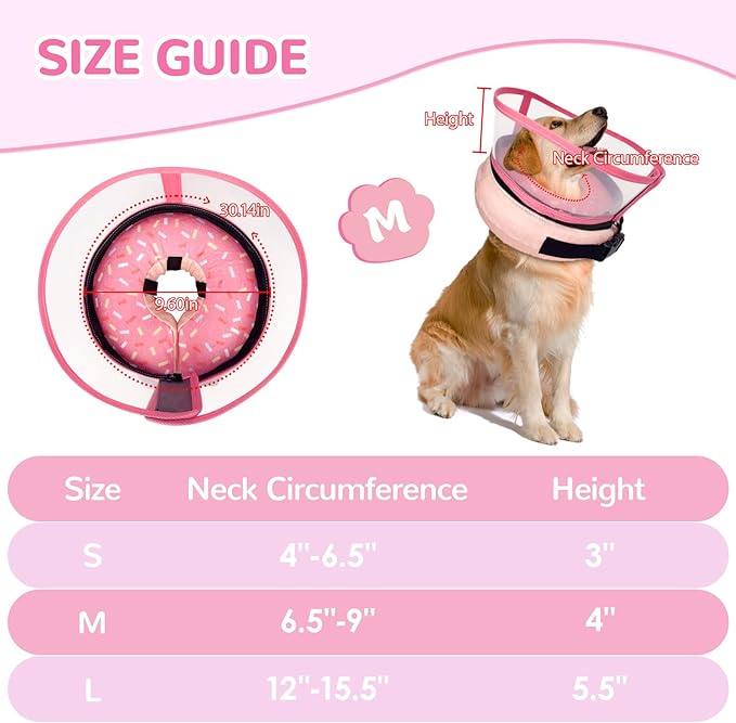 Inflatable Dog Cone Collar with Anti-Licking Clear Shield, Adjustable Elizabethan Collar, Soft Recovery Collar for Dogs, Dog Cones Alternatives for Large Medium Small Dogs & Cats
