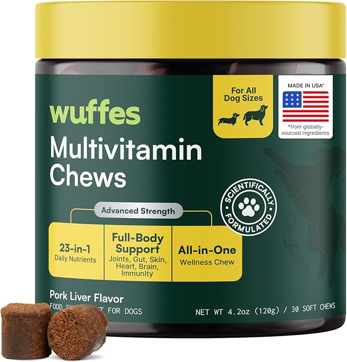 Wuffes 23-in-1 Dog Multivitamin Supplement for Hip & Joint, Skin & Coat and Immune System Support with Omega 3, Iron, Zinc, Vitamin C - Minerals & Vitamins for Senior Dogs and Puppies - 30 Soft Chews
