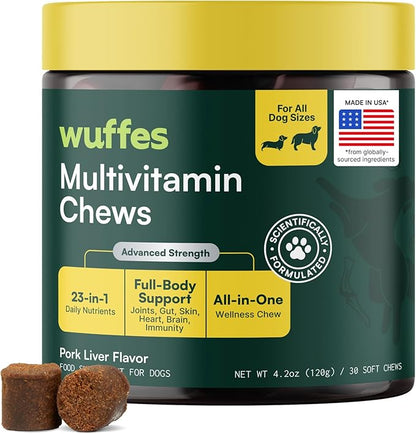 Wuffes 23-in-1 Dog Multivitamin Supplement for Hip & Joint, Skin & Coat and Immune System Support with Omega 3, Iron, Zinc, Vitamin C - Minerals & Vitamins for Senior Dogs and Puppies - 30 Soft Chews