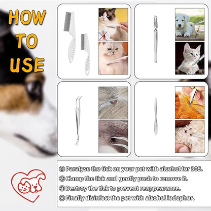 6 pcs Tick Removal Tool kit for Pets, 3 Stainless Steel Tick Tweezers with Storage Pouch and 2 Tick Comb Grooming Tools for Cats & Dogs Safe Tick Control Puller for Removal of Ticks Fleas