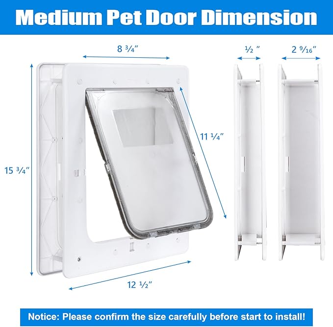 Pet Door, Durable Plastic Dog Door, 8.5”x 11.5” Inner Frame for Medium Dog and Pets, Easy DIY Installation, Suitable for Interior and Exterior Doors, Screen and Wall, White Doggie Door