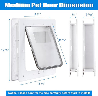 Pet Door, Durable Plastic Dog Door, 8.5”x 11.5” Inner Frame for Medium Dog and Pets, Easy DIY Installation, Suitable for Interior and Exterior Doors, Screen and Wall, White Doggie Door