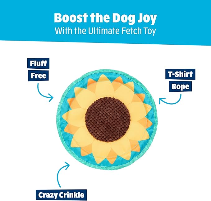 Barkbox Sunflower Flinger Flying Disc Dog Toy | Fluff-Free Crinkle Disc with T-Shirt Rope Edge | Durable Fetch Toy for Dogs & Puppies