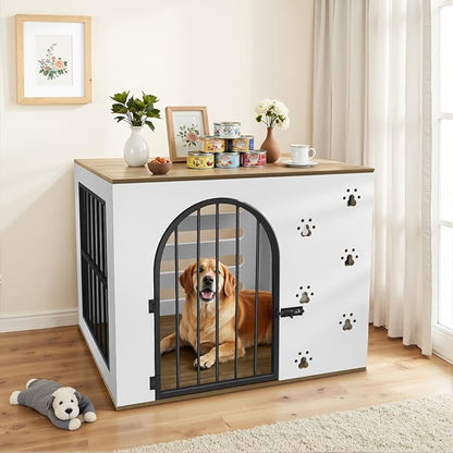 32" Dog Crate Furniture for Small Medium Dogs, Heavy Duty Wood Metal Indoor Dog Kennel with Bowls, Decorative Pet Cage Dog House as TV Stand, White & Wood