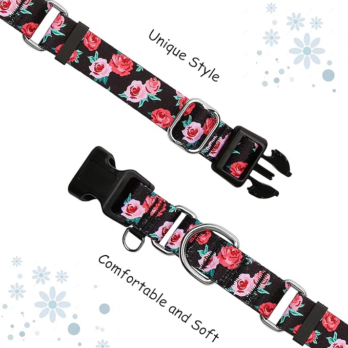 Martingale Collar for Dogs Pink Floral Dog Collars for Medium Dogs with Buckle Girl Female Soft Nylon Dog Collar (Black Pink Rose, M)