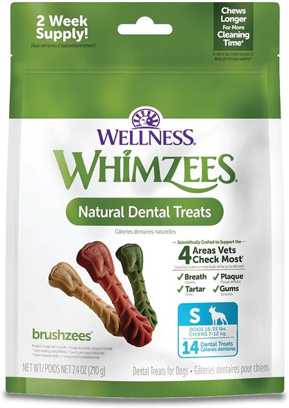 Wellness WHIMZEES Daily Brushzees Dog Dental Treat, VOHC Accepted Chews, Freshens Breath, Small Size, 7.4 oz Bag, 14 Count