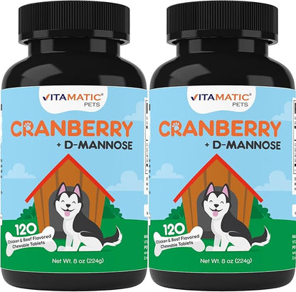 Vitamatic Cranberry for Dogs – 120 Chewable Tablets – with D-Mannose, Apple Cider Vinegar & Vitamin C – Urinary Tract & Bladder Support for Dogs - 2 Pack